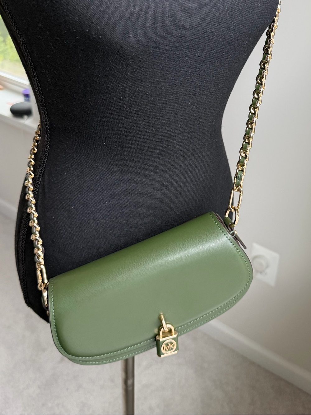 Michael Kors Olive Green Leather Saddle Crossbody with Gold Chain